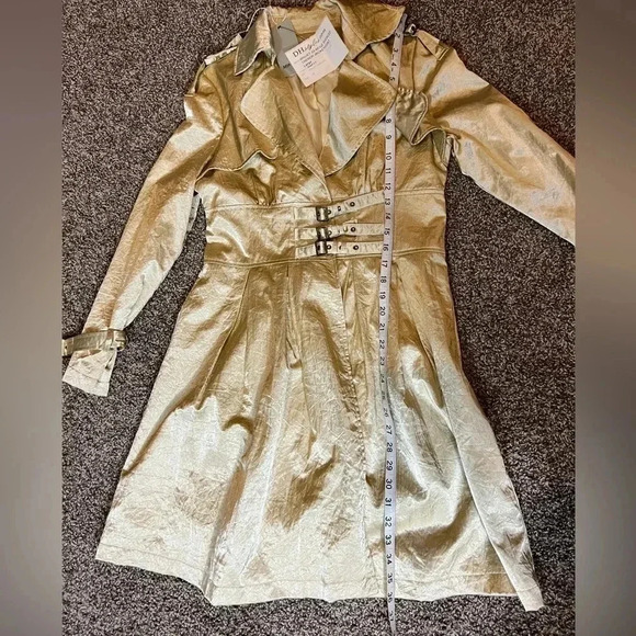 VINTAGE MINUET TRENCHCOAT JACKET GOLD MID KNEE LENGTH CINCHED WAIST NWT LARGE - Picture 8 of 12